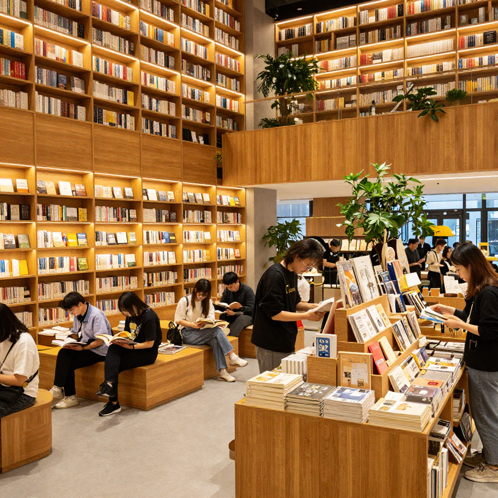 板块配图：温暖雅致的现代书店文创空间，年轻人在阅读与挑选文创